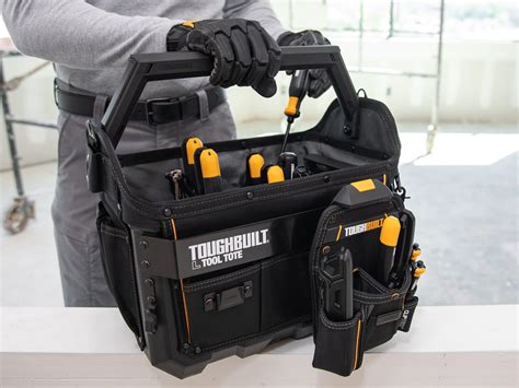 3 tool dividers with pockets can be arranged and removed to fit your needs. . Toughbuilt tool tote